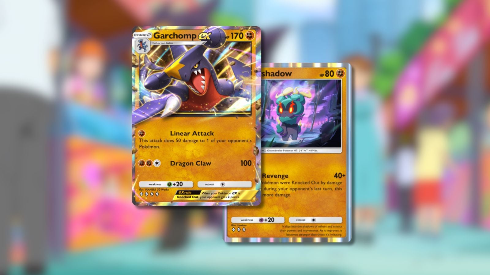 Garchomp ex and Marshadow Pokémon TCG Pocket cards on blurred anime background.