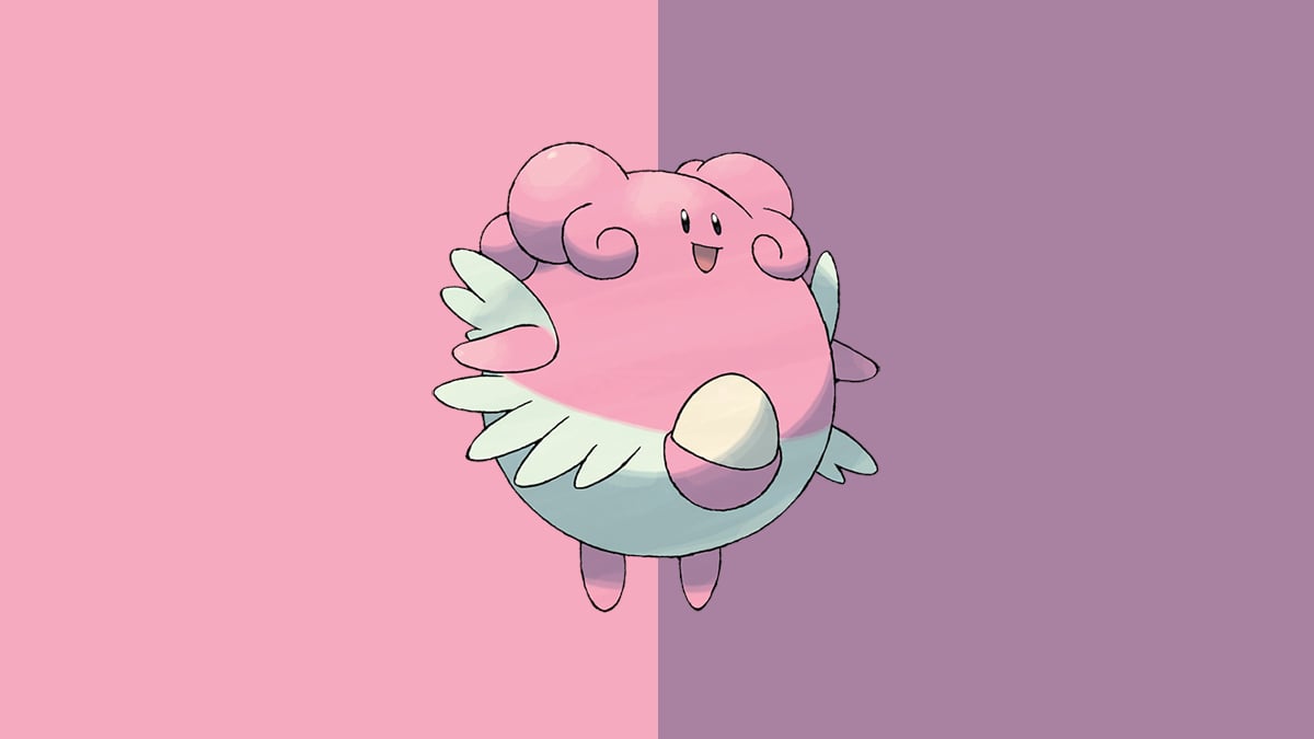 Blissey, a pink Pokemon with wings and an egg in a pouch, against a pink and purple background.