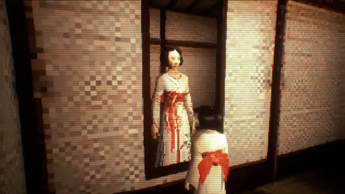 A shot of a young girl looking in the mirror with her mother as the reflection in BrokenLore: LOW