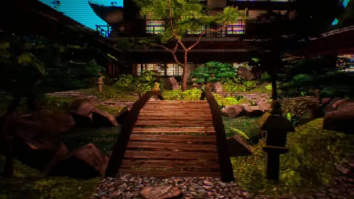 Walking up to a bridge in the garden of the old school Japanese house in the pixelated section of BrokenLore: LOW