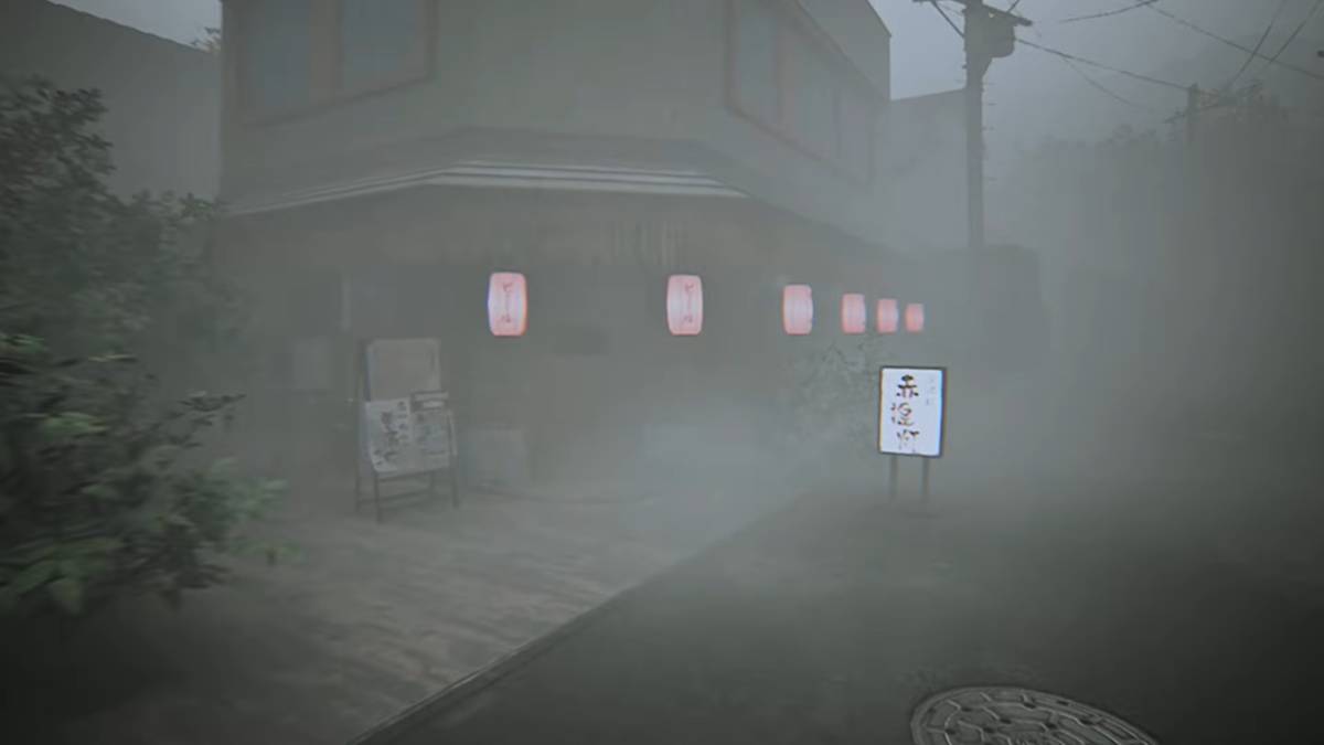 Looking at the bar illuminated by red lanterns inside the Kirisame-mura in BrokenLore: LOW