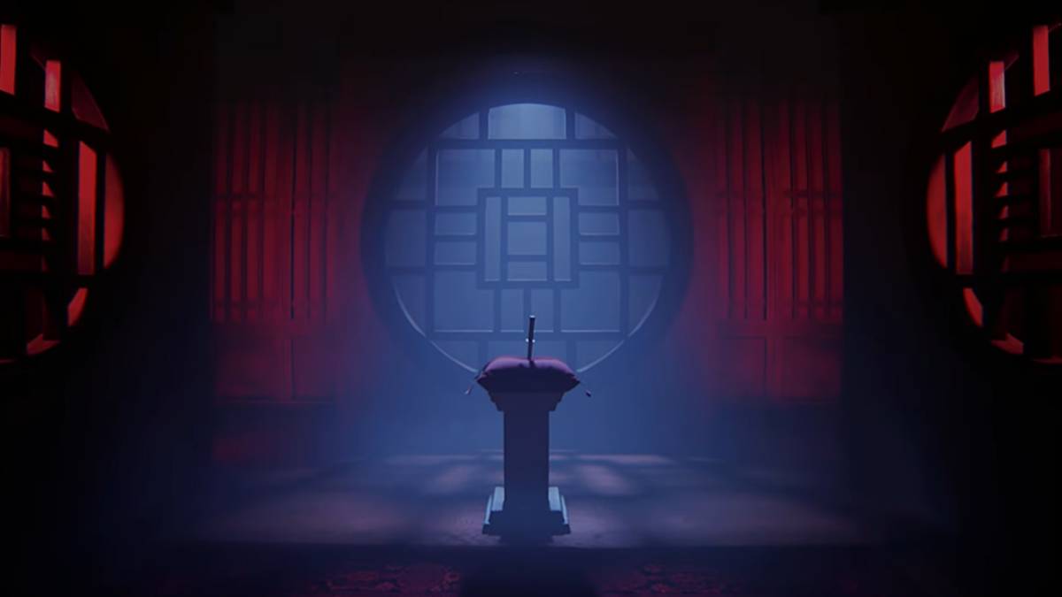 A shot of the altar inside the ancient temple with a blade on top of a podium at its center