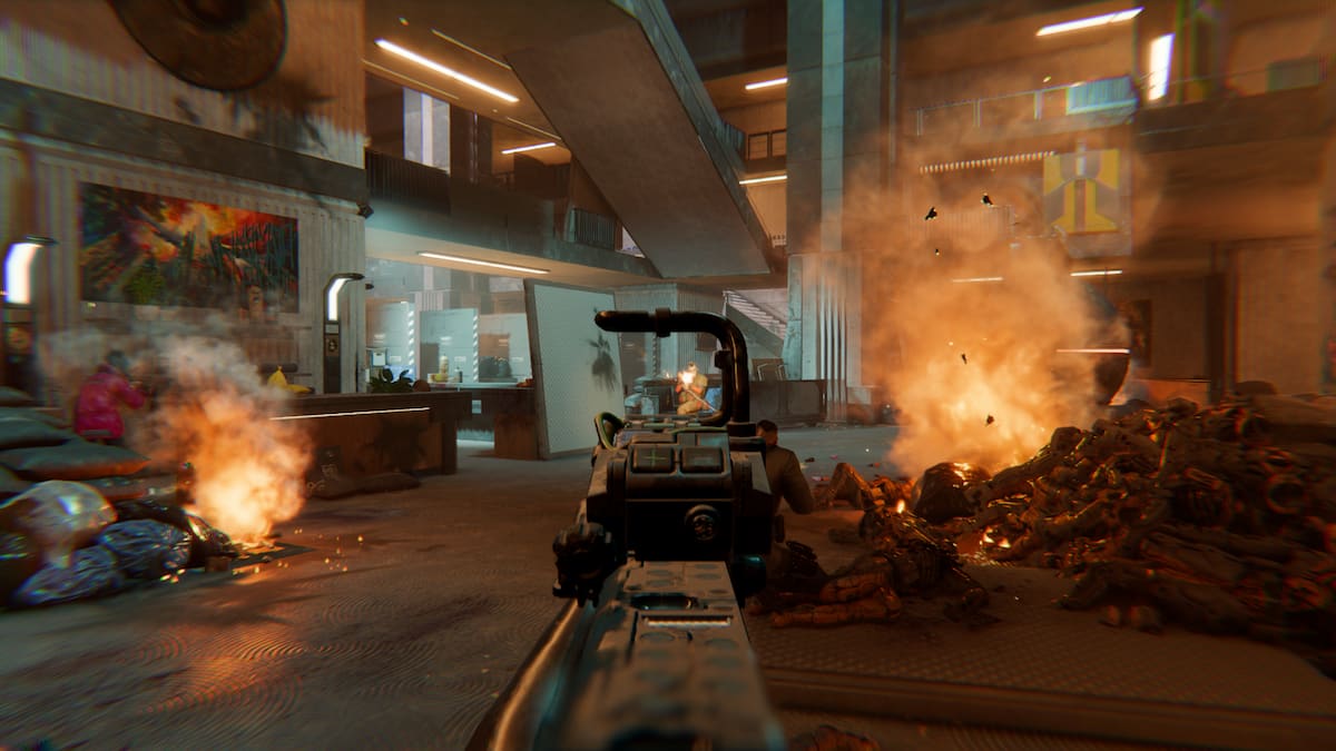 The inside of a building where a firefight is taking place.