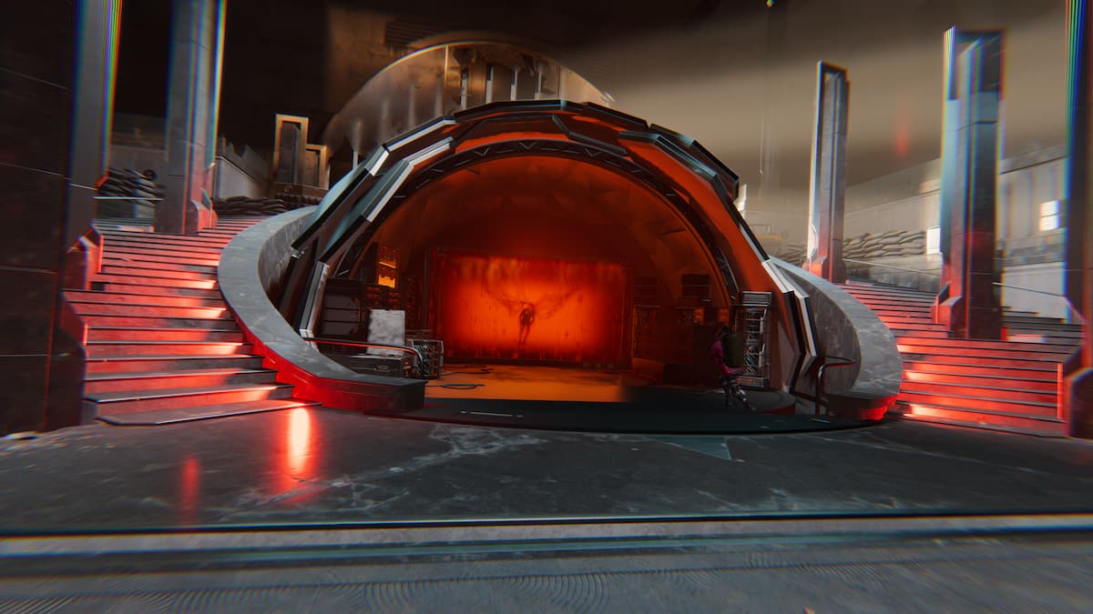 A secret room with a red panel, showing someone connected to tubes inside.