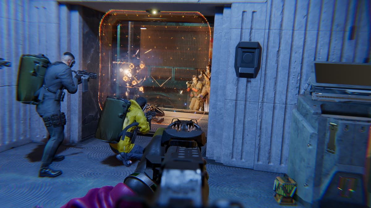 Three armed men with cash bags on their backs fire through a translucent orange shield.