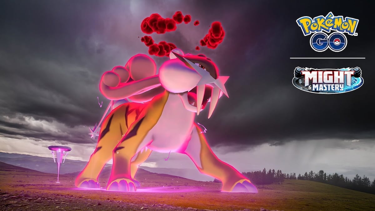 A giant Raikou with black and red clouds swirling above its heard roars.