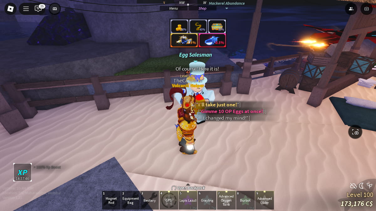 Picture showing an Egg Salesman in Fisch showing the odds to get different rewards.