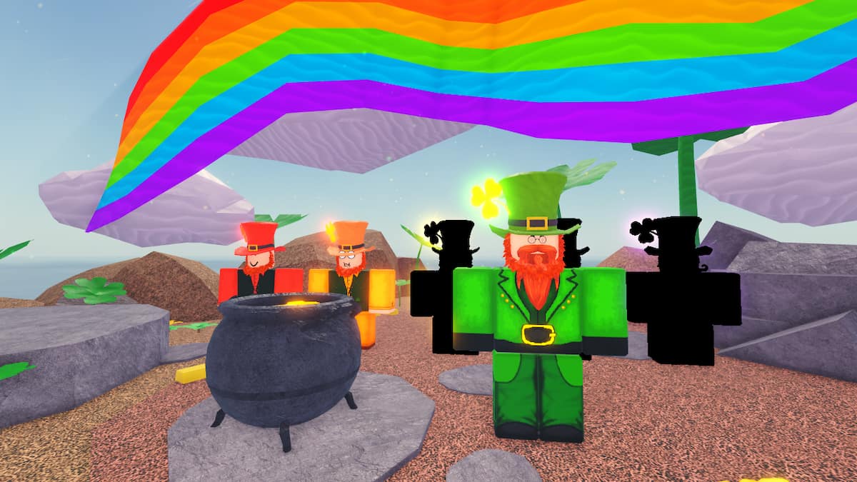 Picture showing the Fisch Lucky Event NPC Clover McRich with some of his Leprechaun brothers.