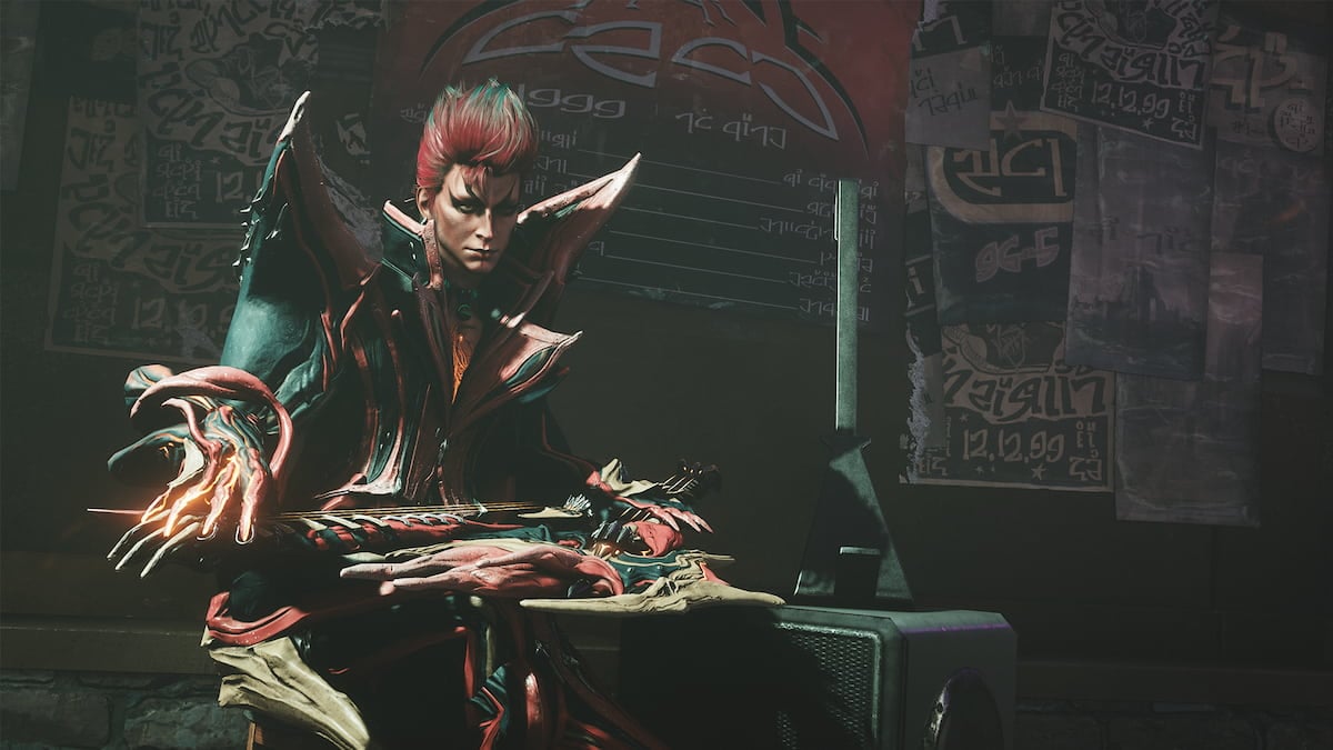 Flare Valreon, a David Bowie-inspired rocker, with their two-armed guitar Lizzie.