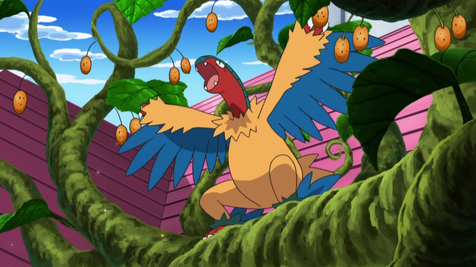 Archeops Pokémon in the anime surrounded by fruit on a tree.