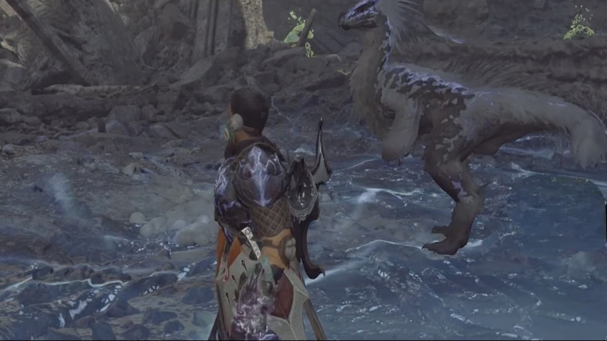 A player in Monster Hunter Wilds stood near a Guardian Seikret.