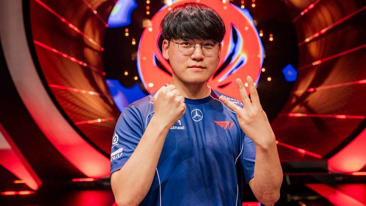 Lee "Gumayusi" Min-hyeong of T1 is seen on stage after victory against G2 Esports during MSI 2024 Bracket Stage at the Chengdu Financial City Performing Arts Center in Chengdu, China on May 17, 2024.