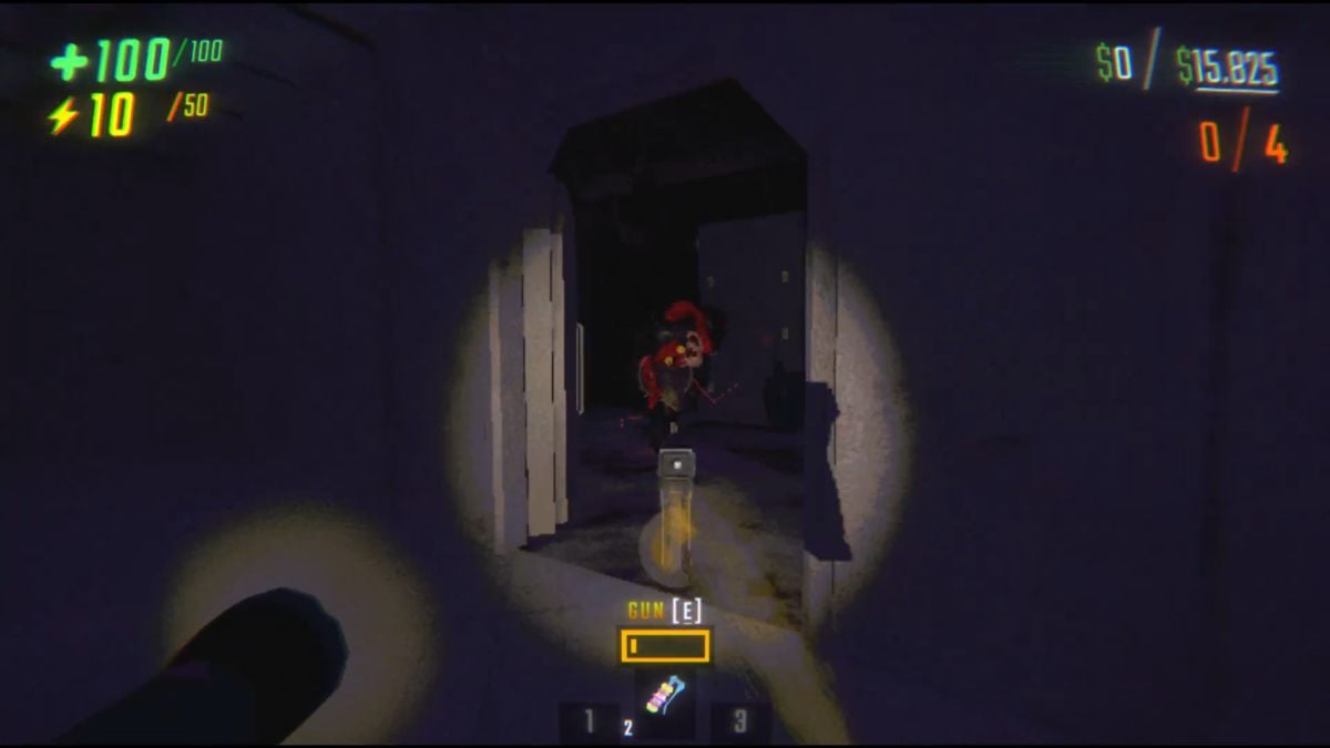 Pointing a gun at the Trudge through a doorway in McJannek Station in R.E.P.O.