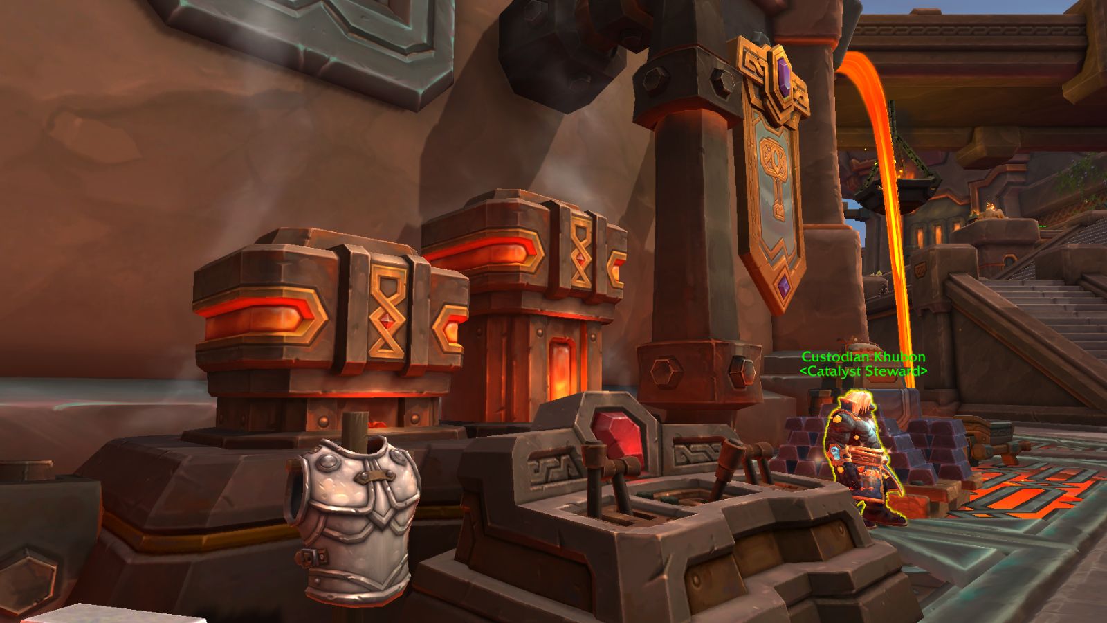 Catalyst machine in Dornogal World of Warcraft with the NPC next to it.