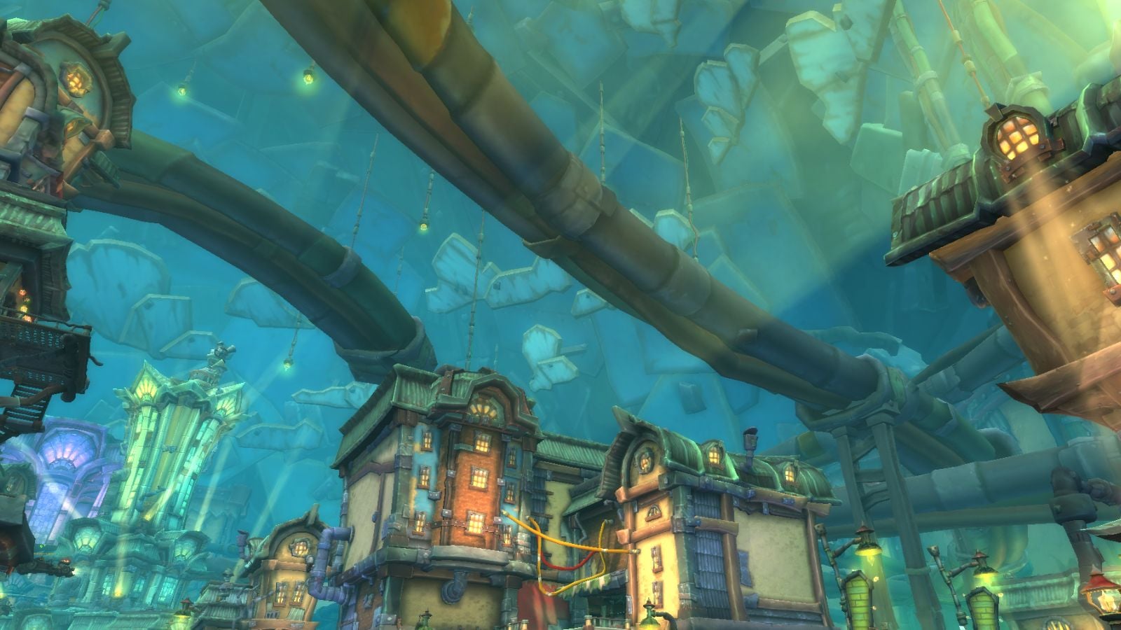 Undermine city in World of Warcraft with bright lights and giant pipes.