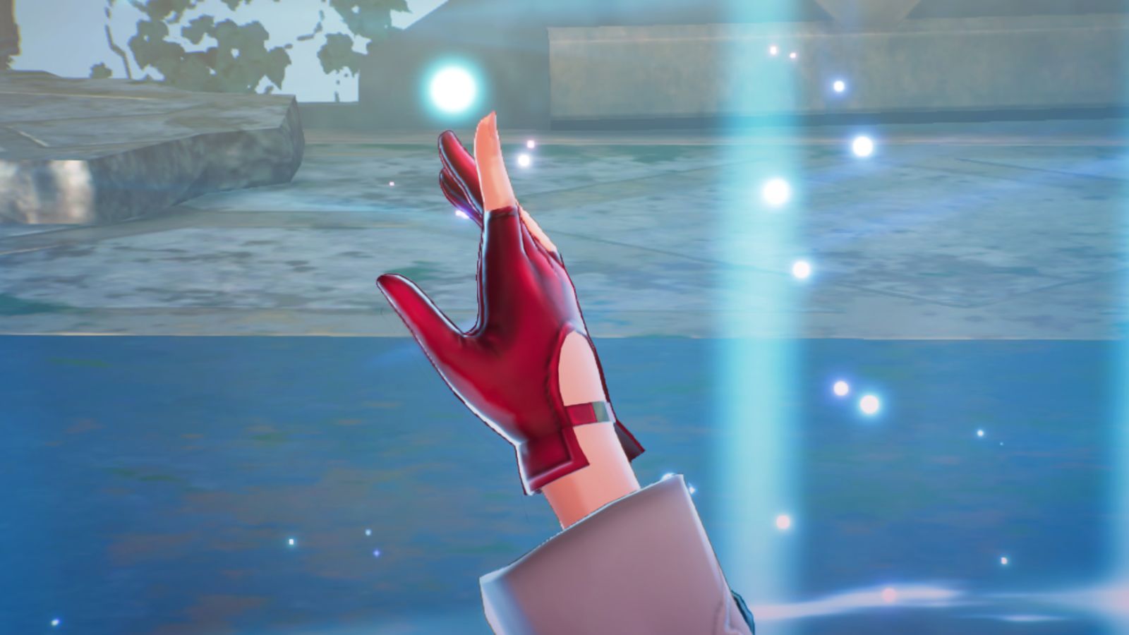 Atelier Yumia hand wearing a glove reaching out for blue Mana screenshot.
