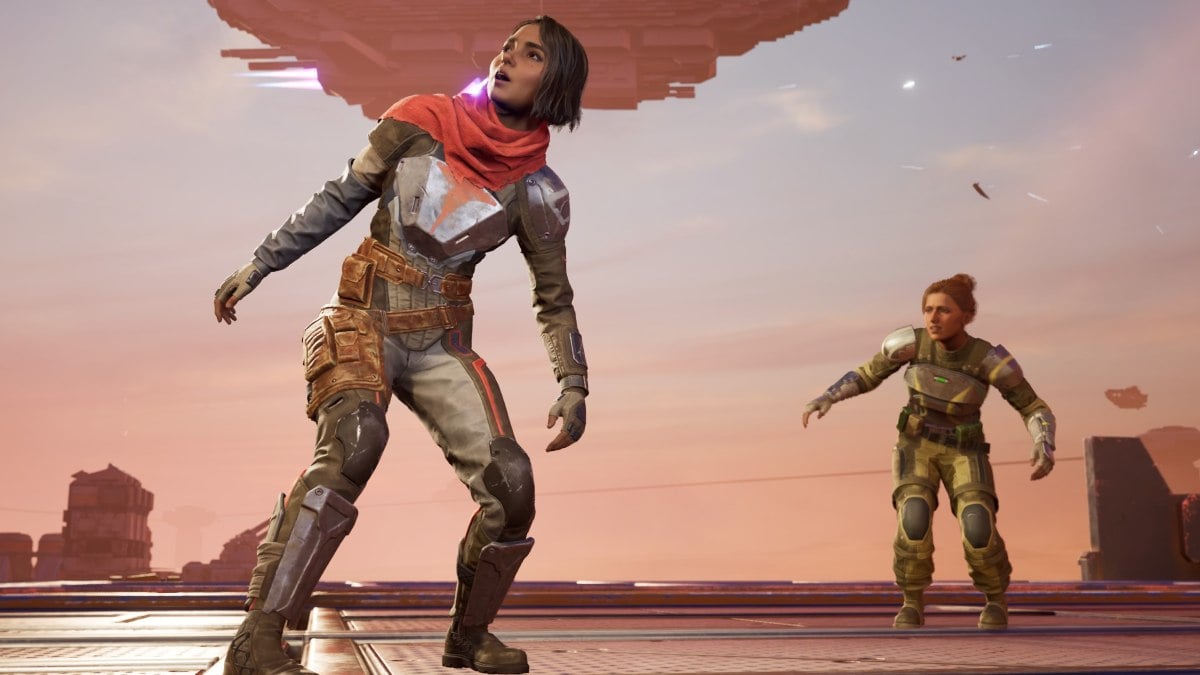 Mio and Zoe trying to keep their balance in sci-fi cutscene