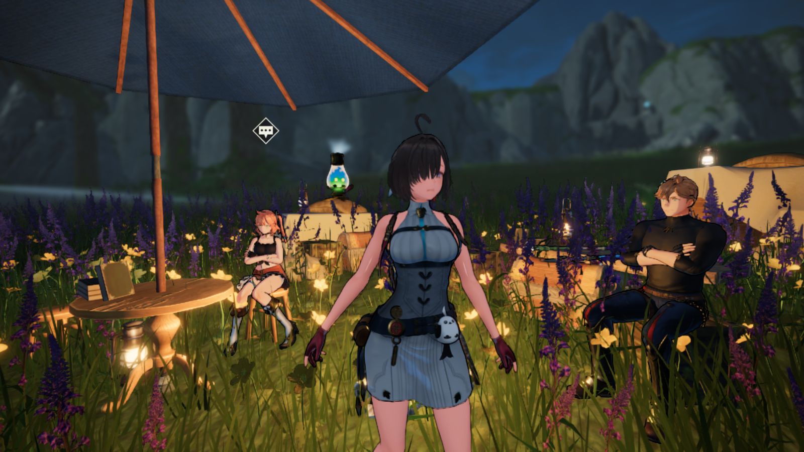 Atelier Yumia screenshot showing Yumia at camp speaking to party members.