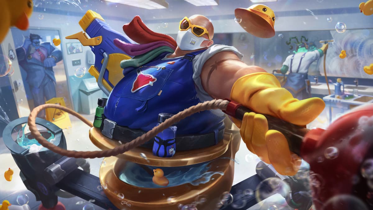 An image of the Janitor Urgot splash art from League of Legends, which transforms this six-legged monster into a campy cleaner.