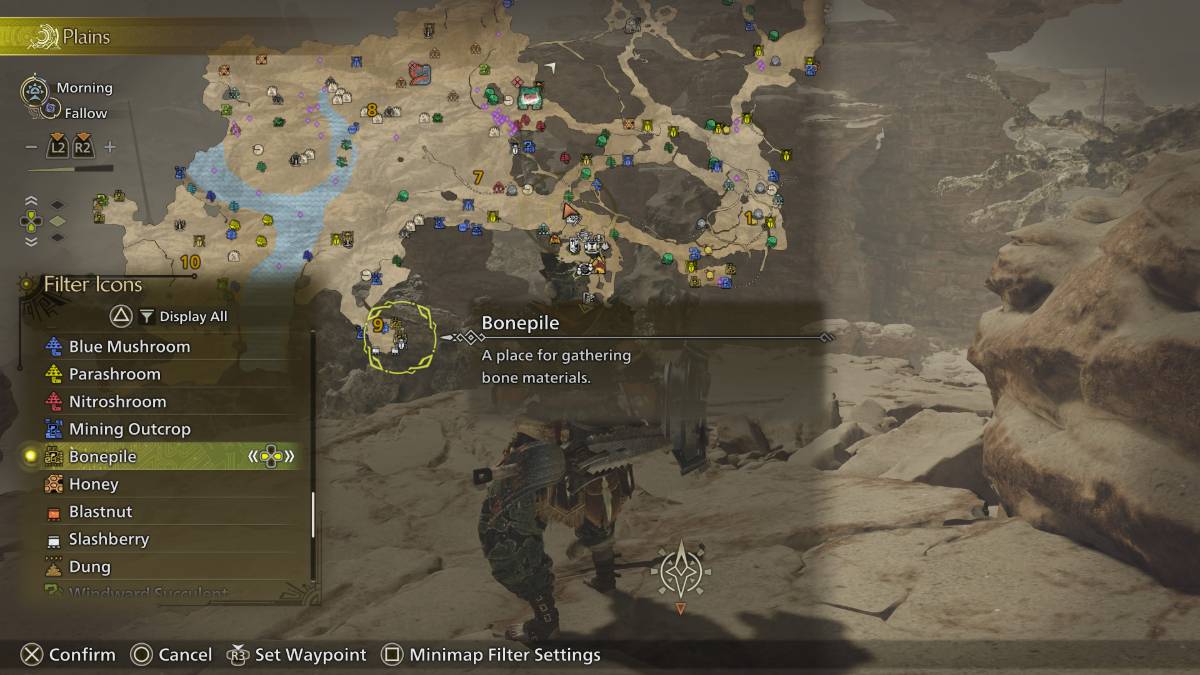 Using the map to find Bonepiles in MH Wilds