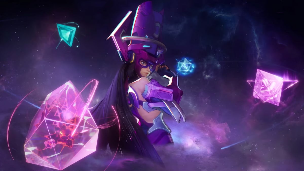 An image from Marvel Rivals of Galacta standing around several crystals that represent different universes.