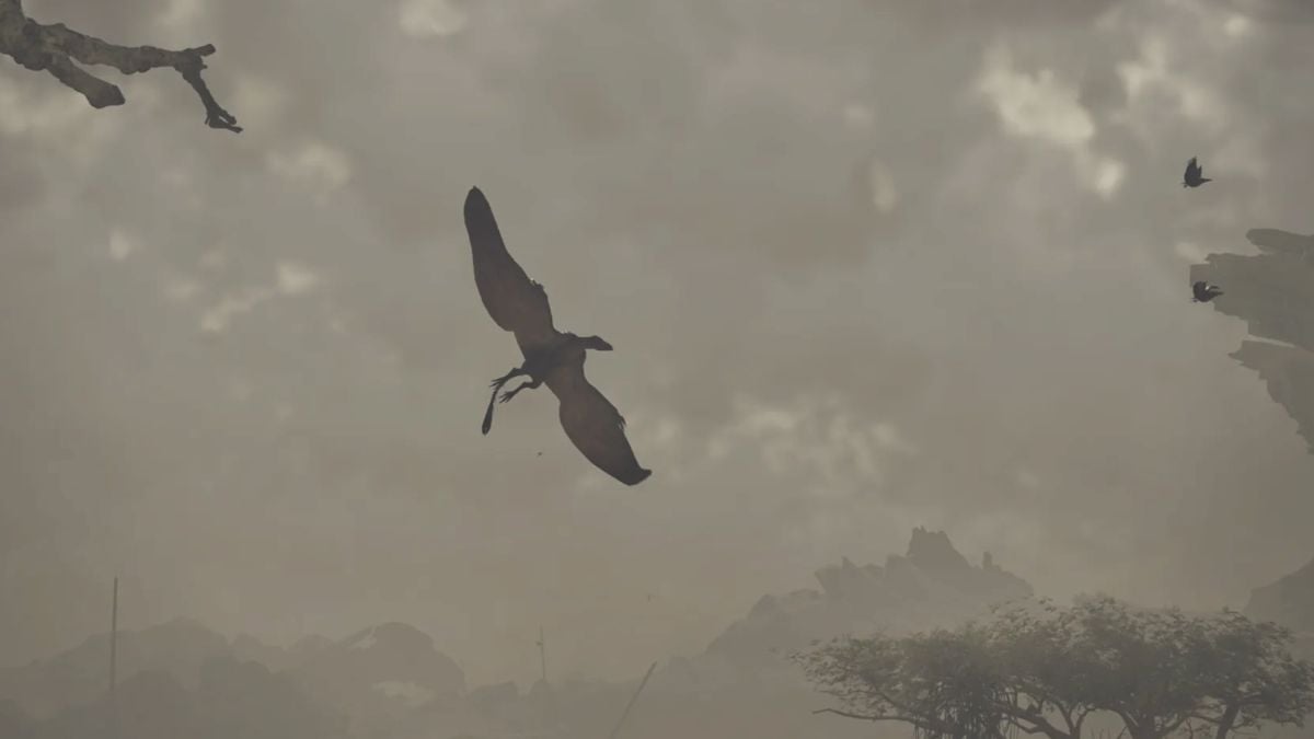 An image from Monster Hunter Wilds of a Bauno Flying in the sky.