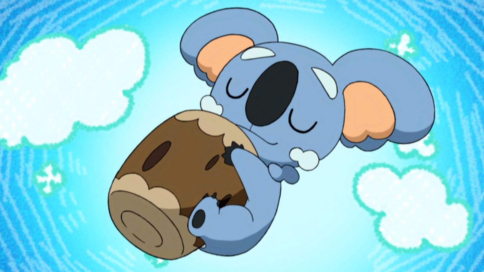 Komala Pokémon sleeping with its item and blue clouds surrounding it.