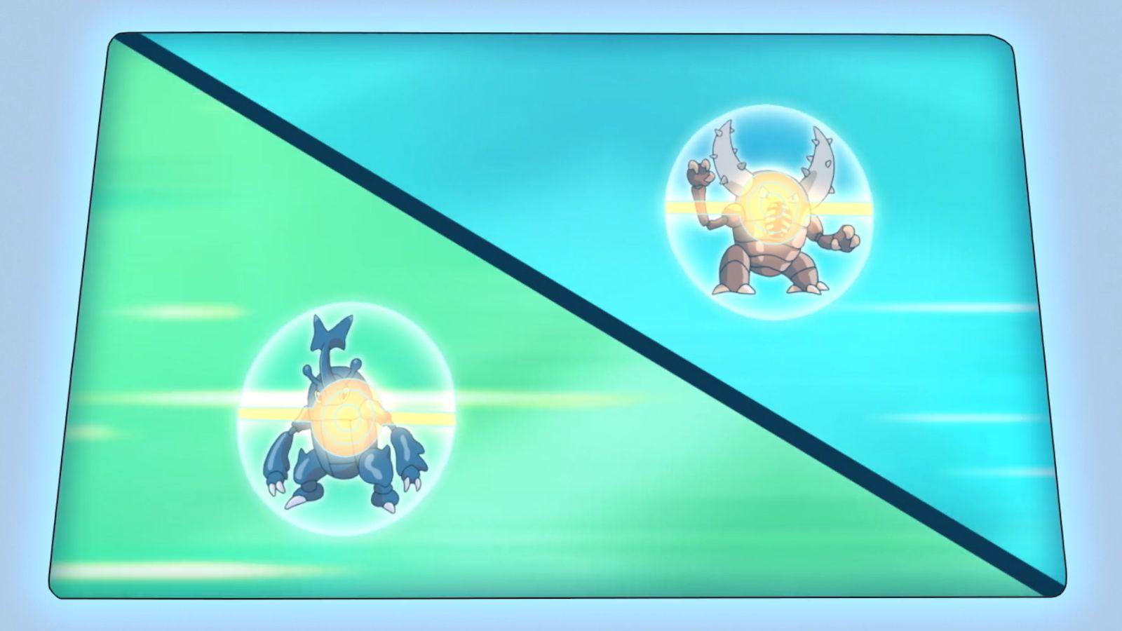 Pokémon being traded across a screen in the anime with a blue and green theme.