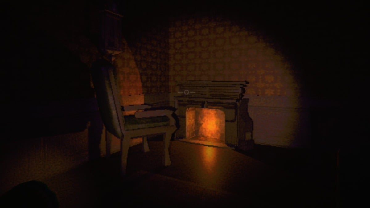 Shining flashlight on a chair pointed towards a lit fireplace inside Headman Manor