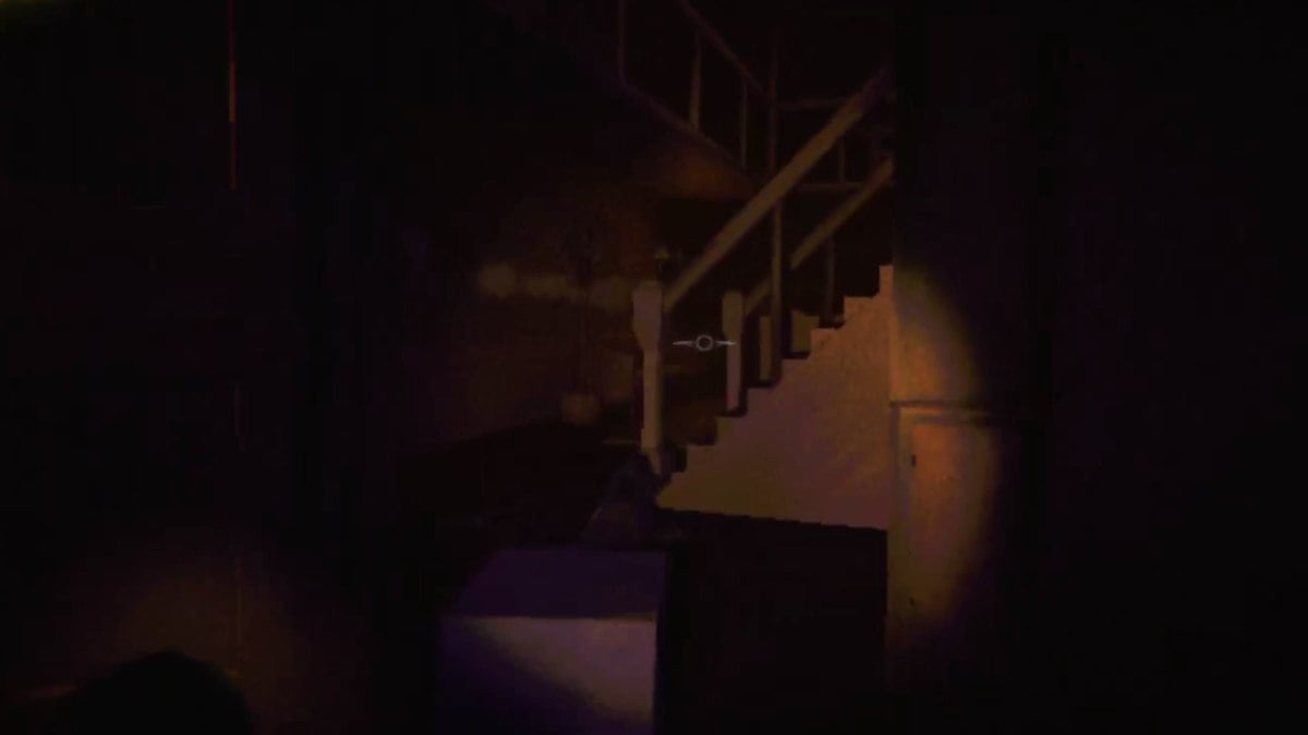 Looking through a doorway at a staircase with the Hidden breathing fast approaching the camera