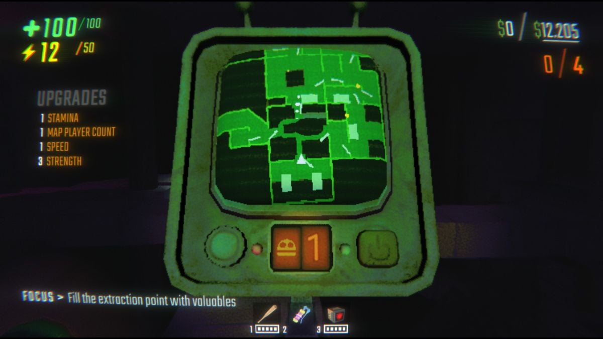 Looking at the map in R.E.P.O. with the player count live at the bottom and all active upgrades list visible on the left