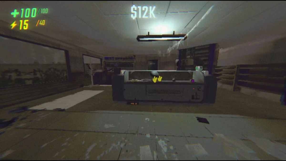 Looking at a row of goodies inside the Service Station with the Roll Drone on the far right side of the aisle