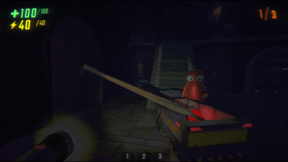 Looking at a character next to the C.A.R.T. with a giant wizard staff poking out of the top