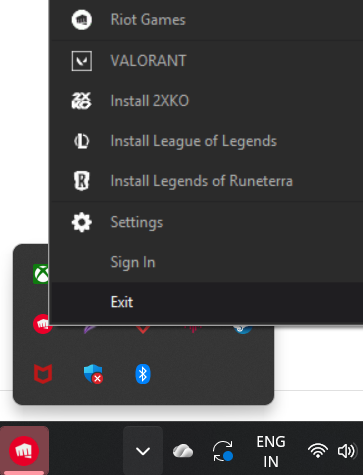 Exit Riot Client app from system tray to uninstall VALORANT