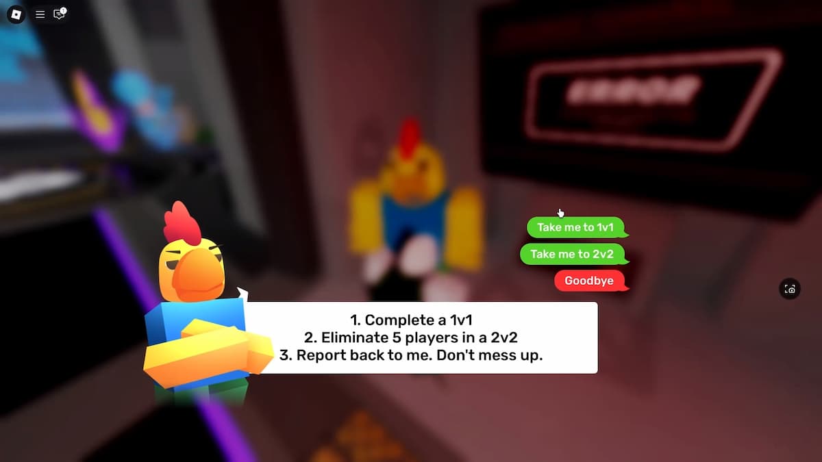 A Rivals player is talking to a chicken NPC in Roblox Rivals