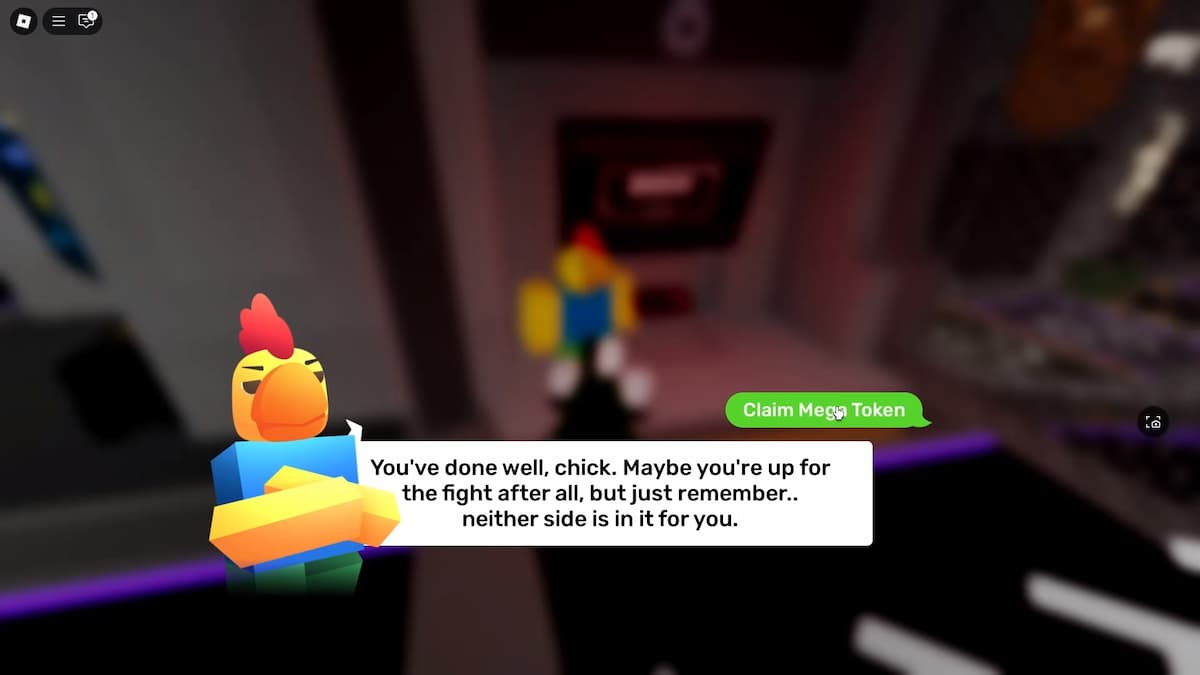 A Rivals player is receiving a Mega Token from the Chicken NPC