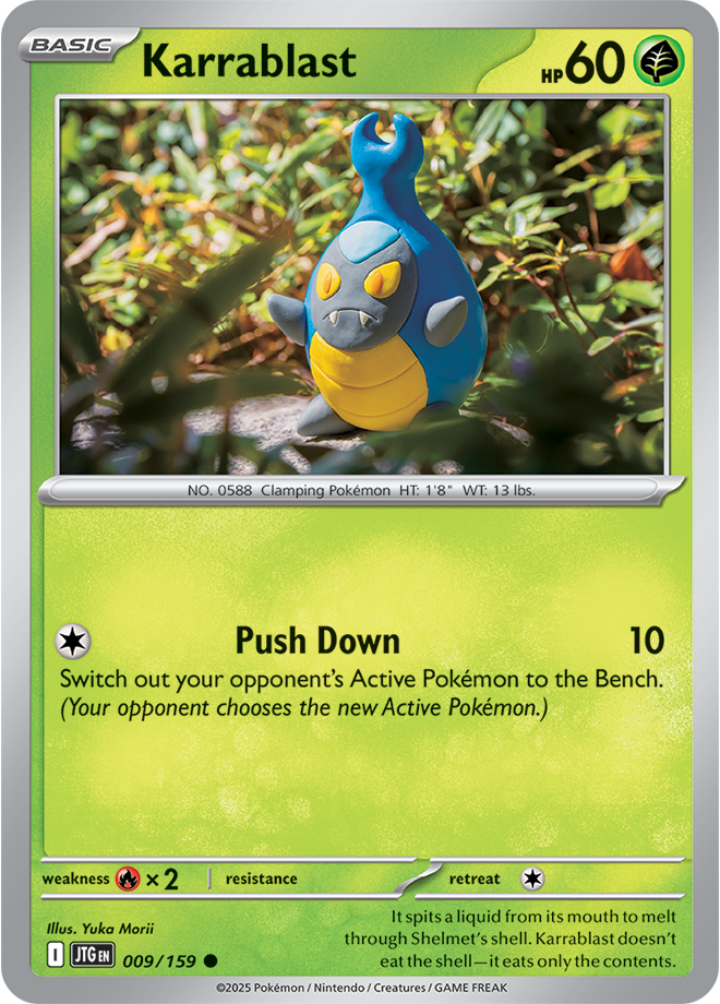 Karrablast Pokémon card.