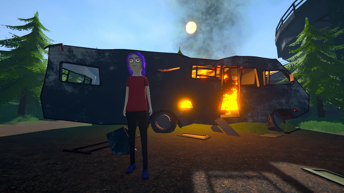Picture showing the player next to the burned down van in Schedule 1.