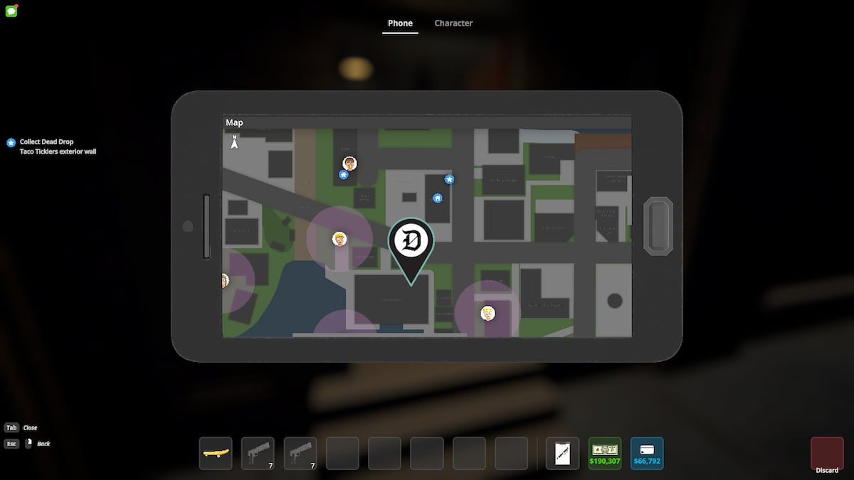 Picture showing in-game map to point the location of Warehouse in Schedule 1, which has the Weapon Dealer.