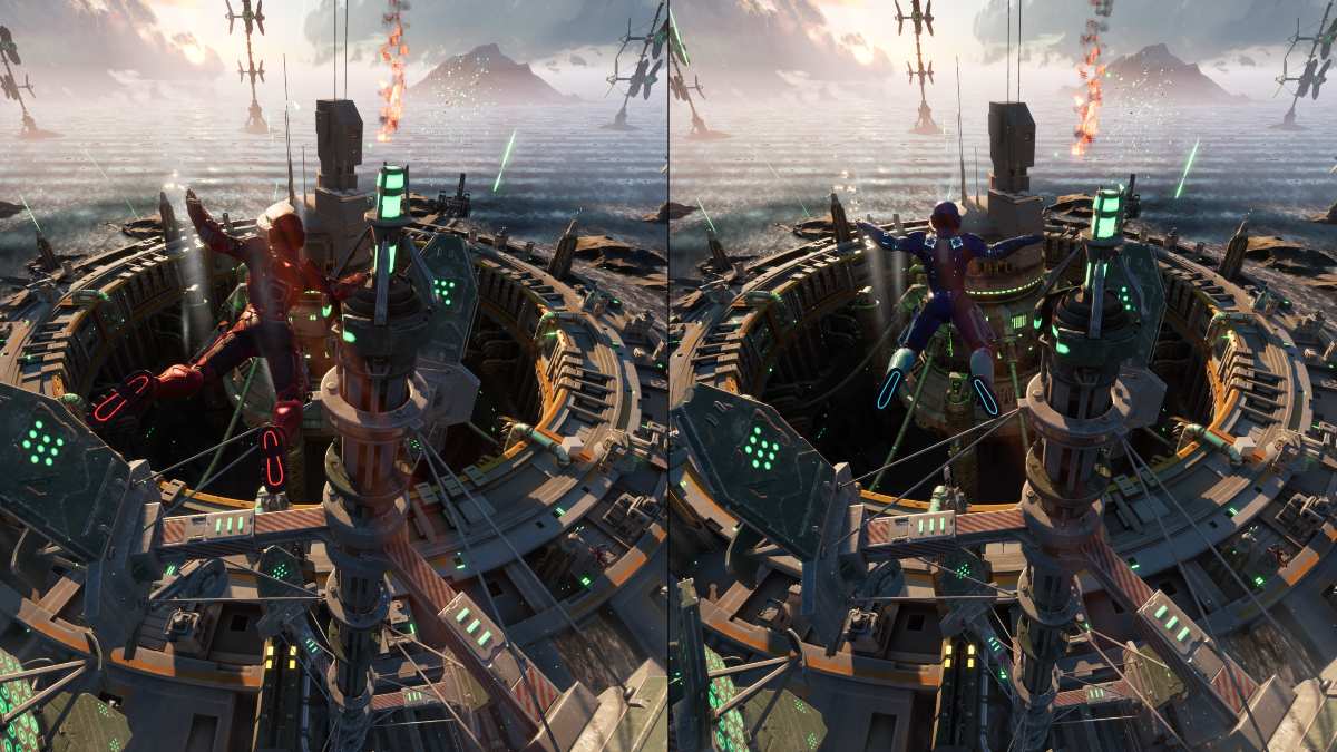 Gameplay shot of Mio and Zoe descending into a giant underwater system after falling past debris and evading incoming fire