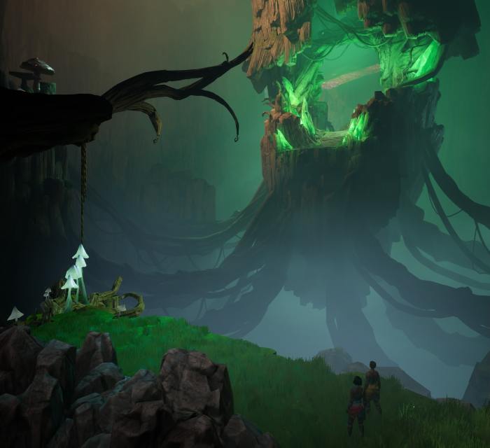 An establishing shot of a giant, opened tree with a portal at its center. Mio and Zoe look miniscule compared to it