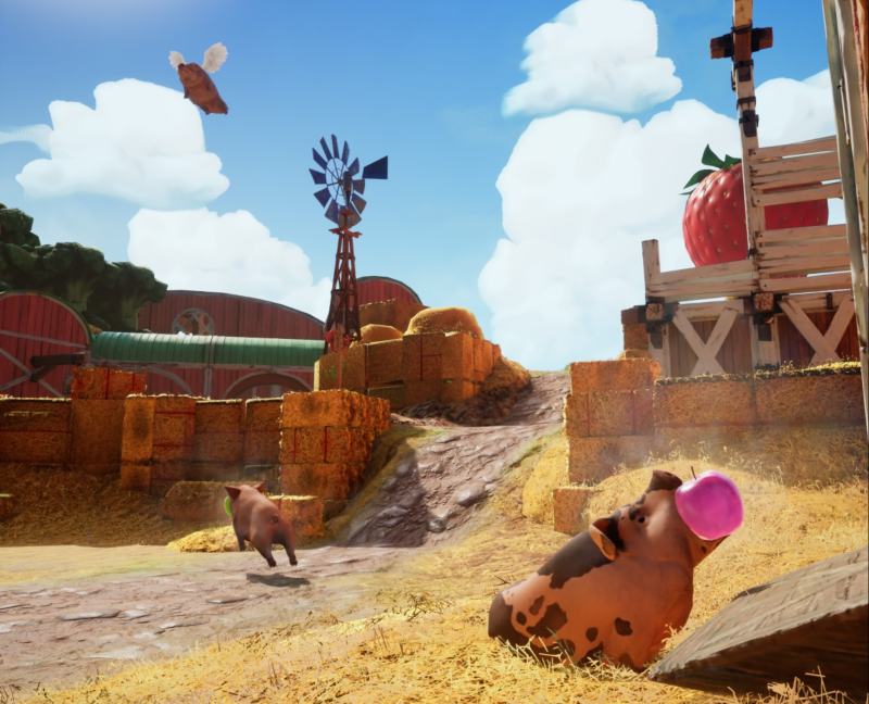 A shot of Mio as a pig giving a pink apple as Zoe, another pig, runs in the back, with a flying pig in the sky in the background
