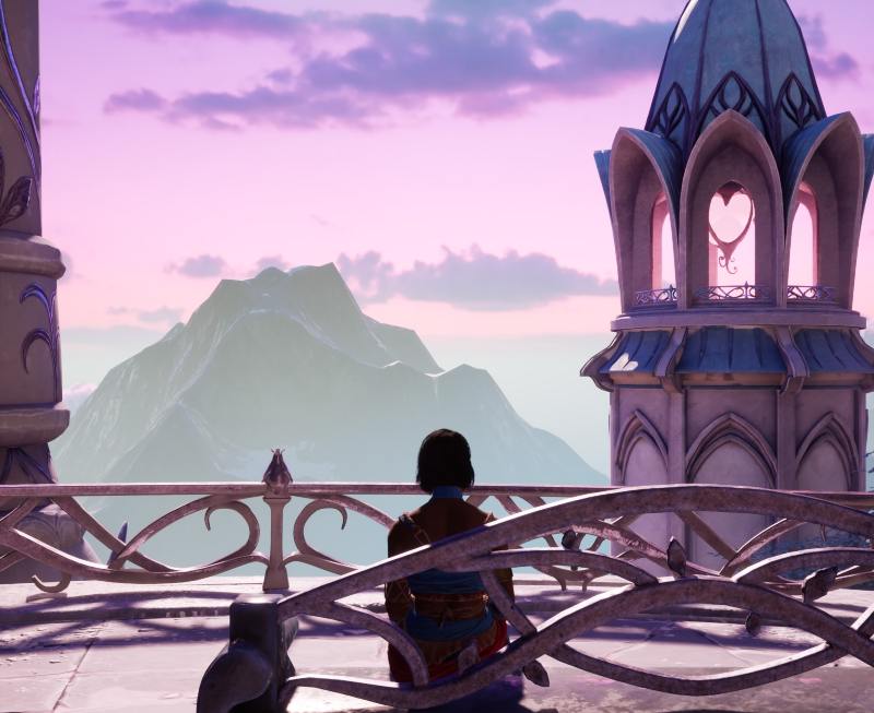 The back of Mio sitting on a bench, looking out of the ice palace to the mountains