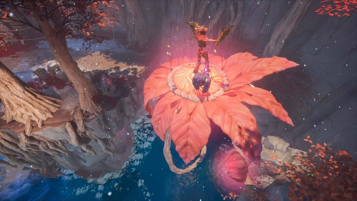 The Groot-like version of Zoe lifting a giant leaf with a monkey version of Mio standing on top of it