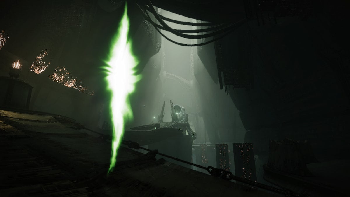 A rift seen in the bridge connecting the Ravenous spawn to the other side of the Hall of Souls, with the arch in the middle of the area visible in the background.