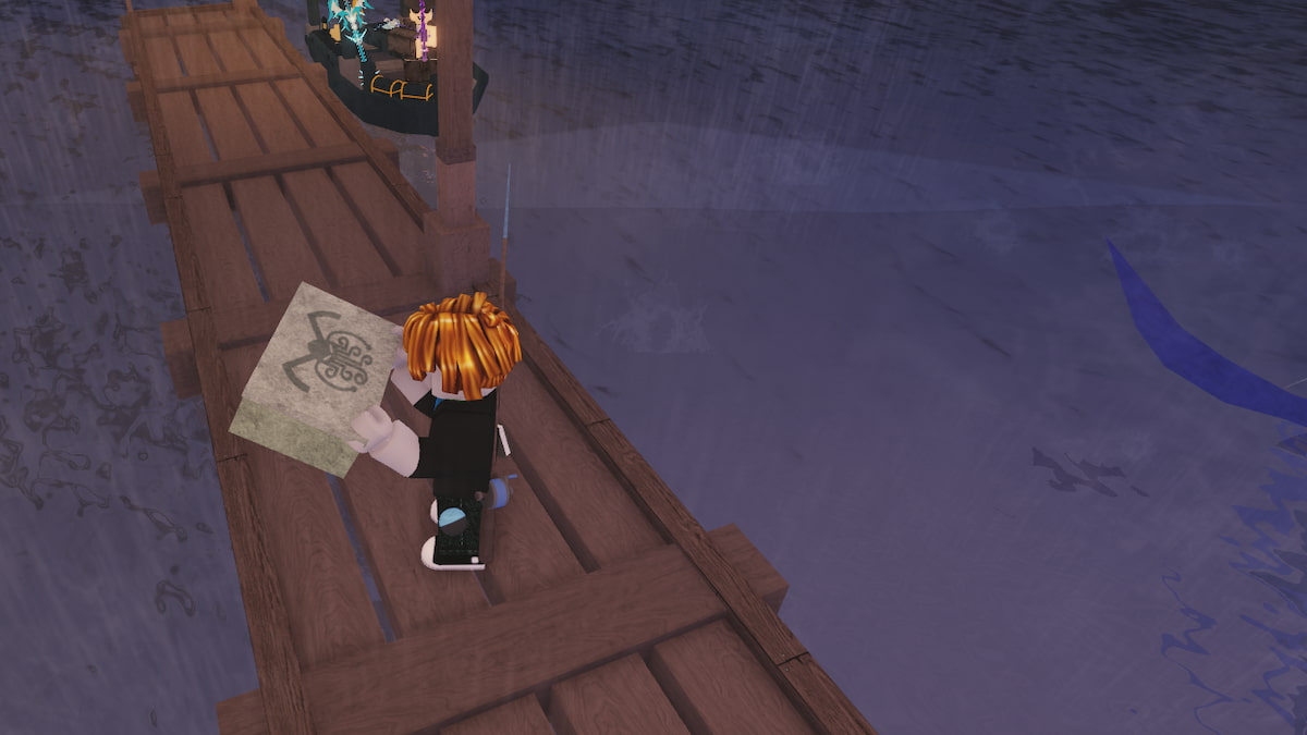 A screenshot from Roblox showing a character on a wooden bridge holding a beige item.