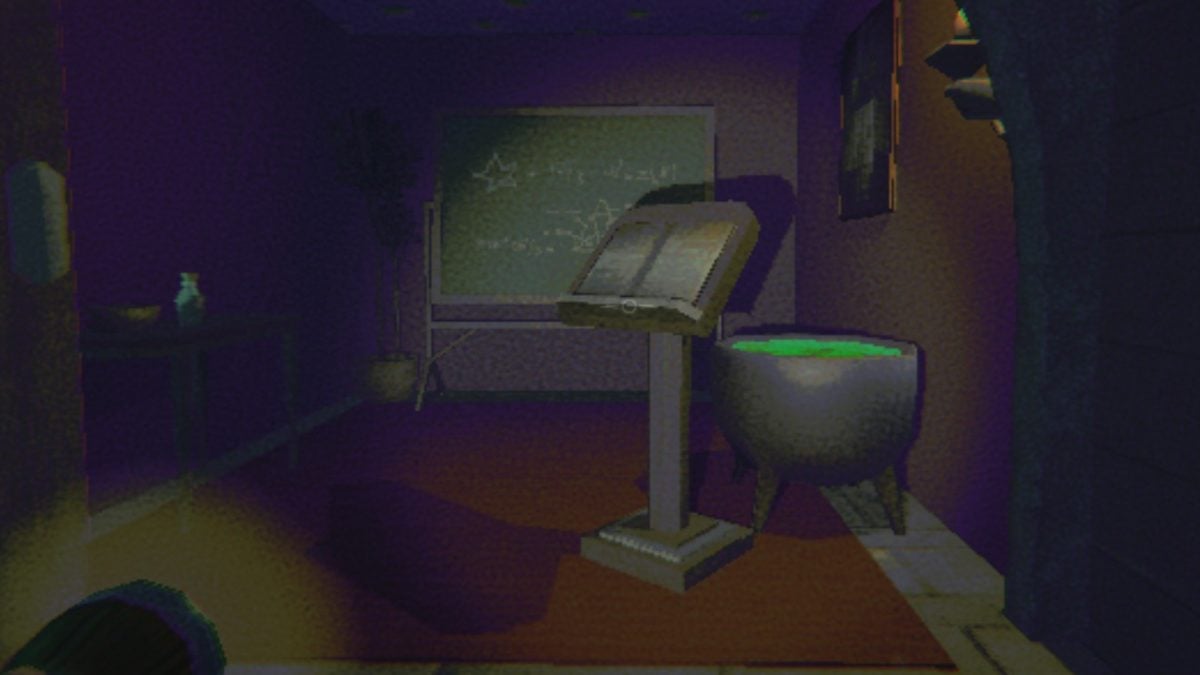 Looking at a spell book in front of a cauldron with green liquid inside and a blackboard in the background
