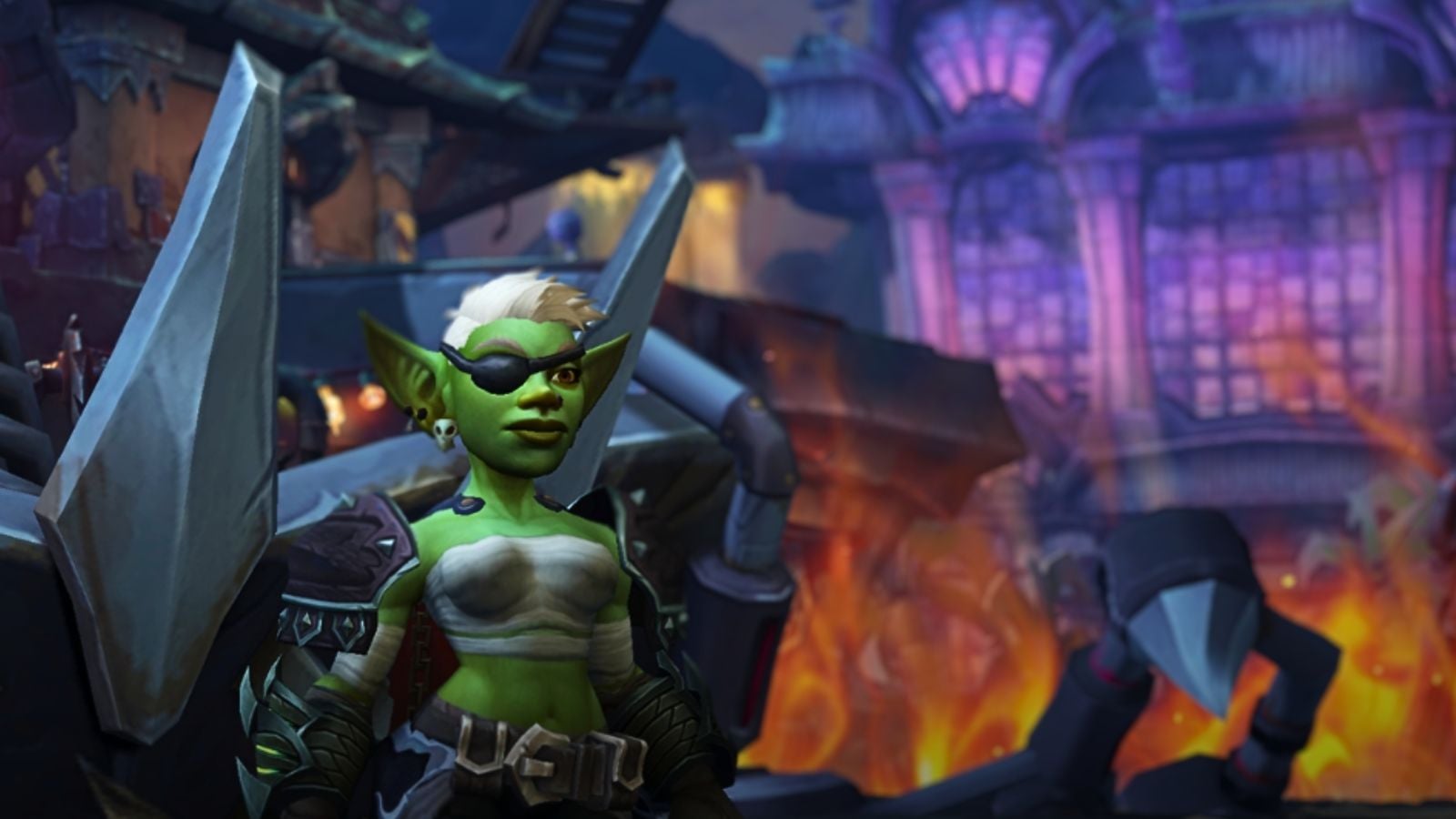 Vexie Goblin character in the Undermine raid with fire behind her.