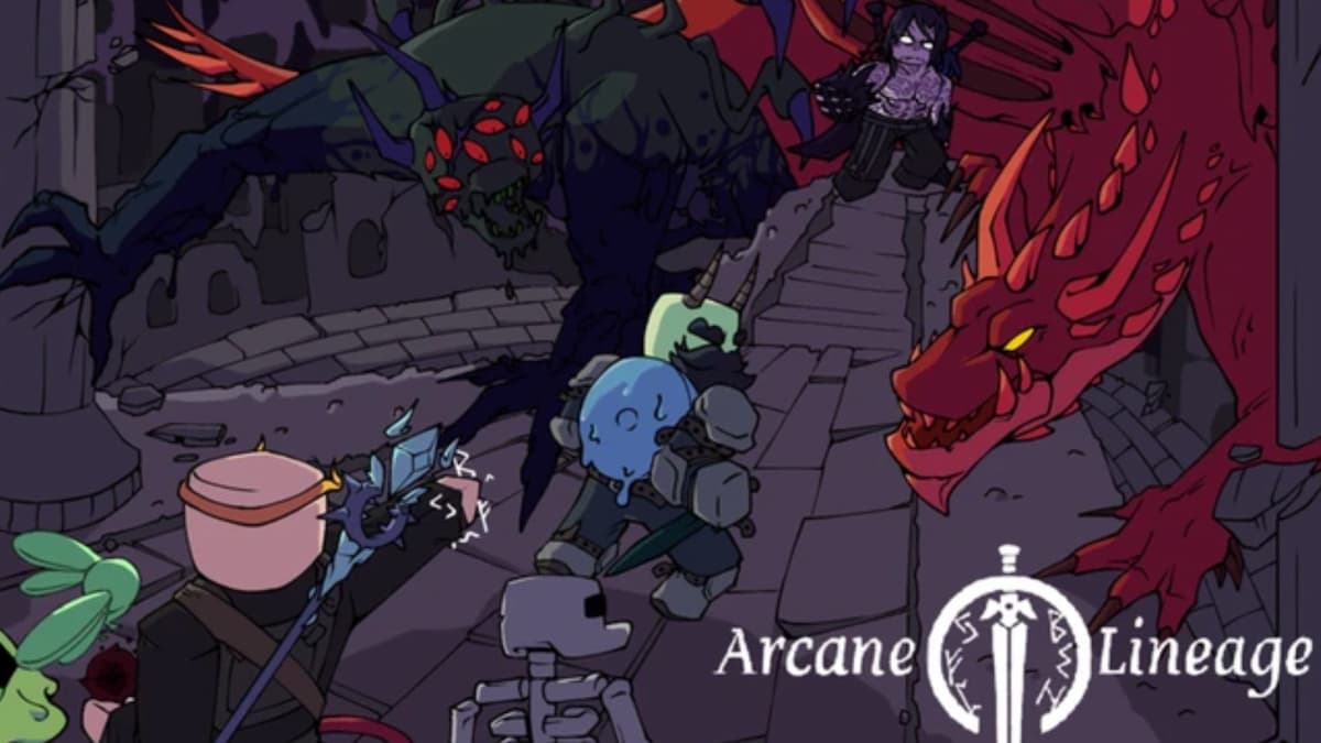 Various characters combating mythical creatures in Roblox Arcane Lineage.