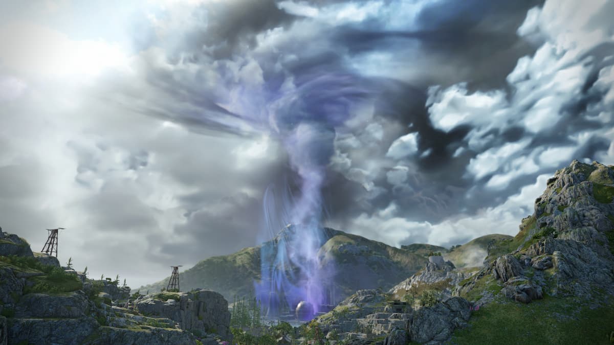 A violet vortex rising over the mountains and emerging from a nuclear power plant in Atomfall.